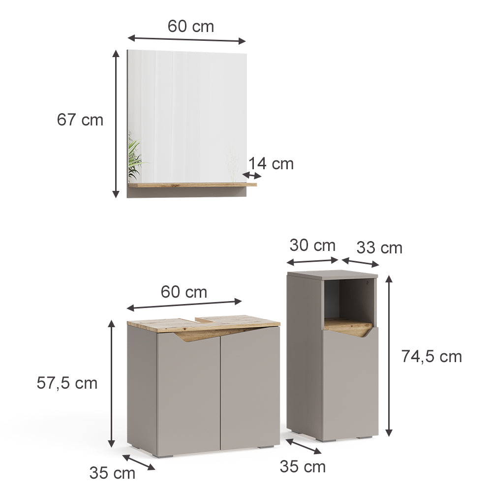 Vicco Mobiletto Grigio 3 pezzi, con cabinet midi