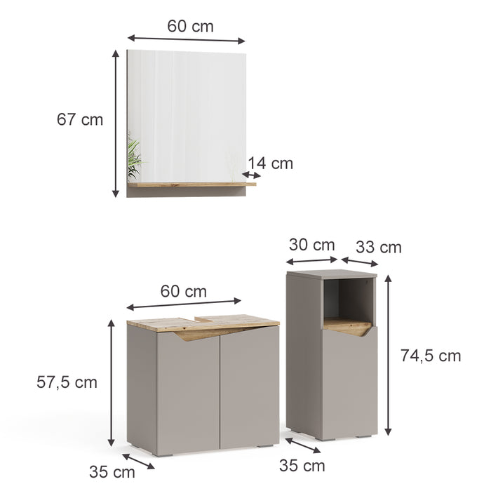 Vicco Mobiletto Grigio 3 pezzi, con cabinet midi