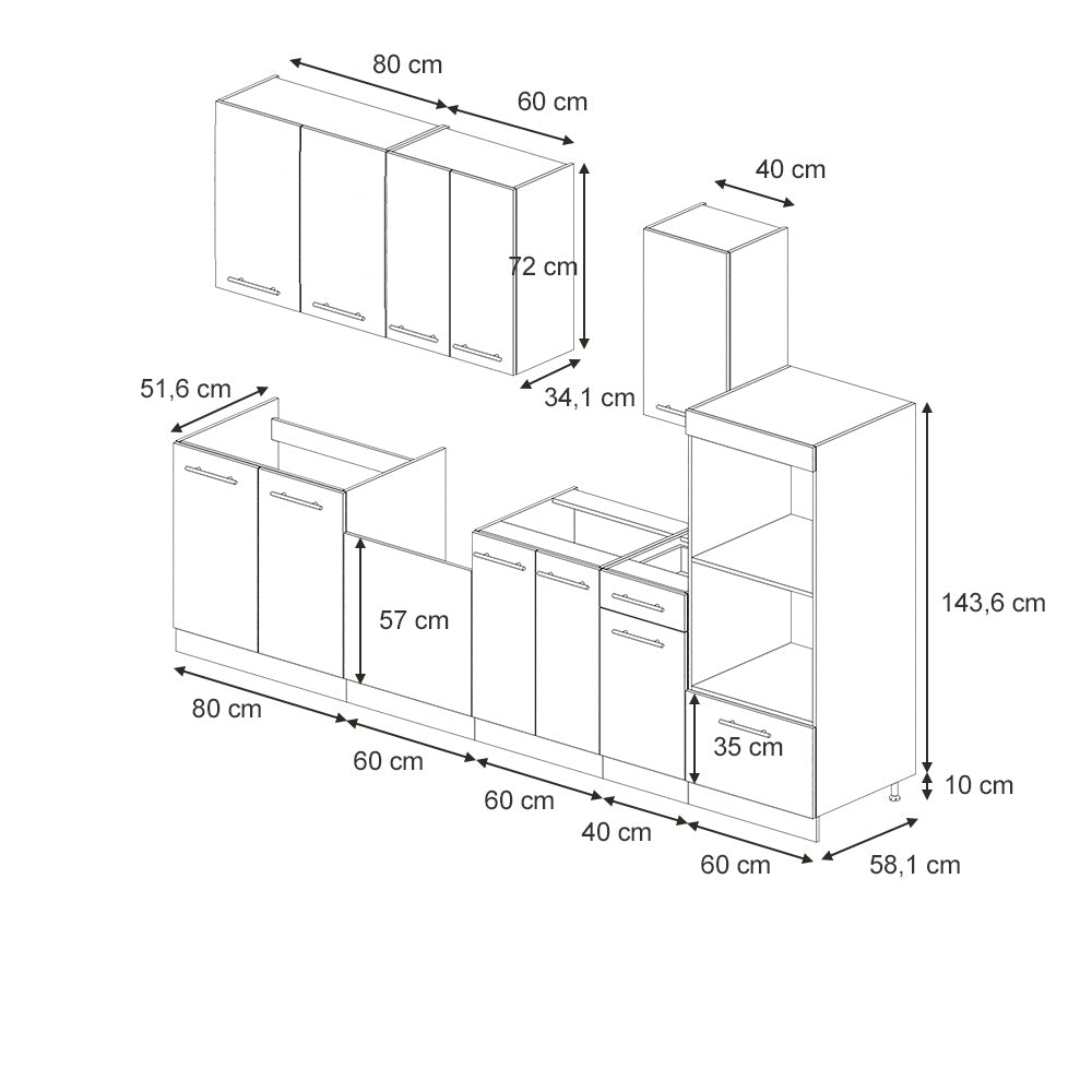 Vicco Cucina componibile Pannello in rovere/antracite 300 cm con armadio alto, senza piano di lavoro