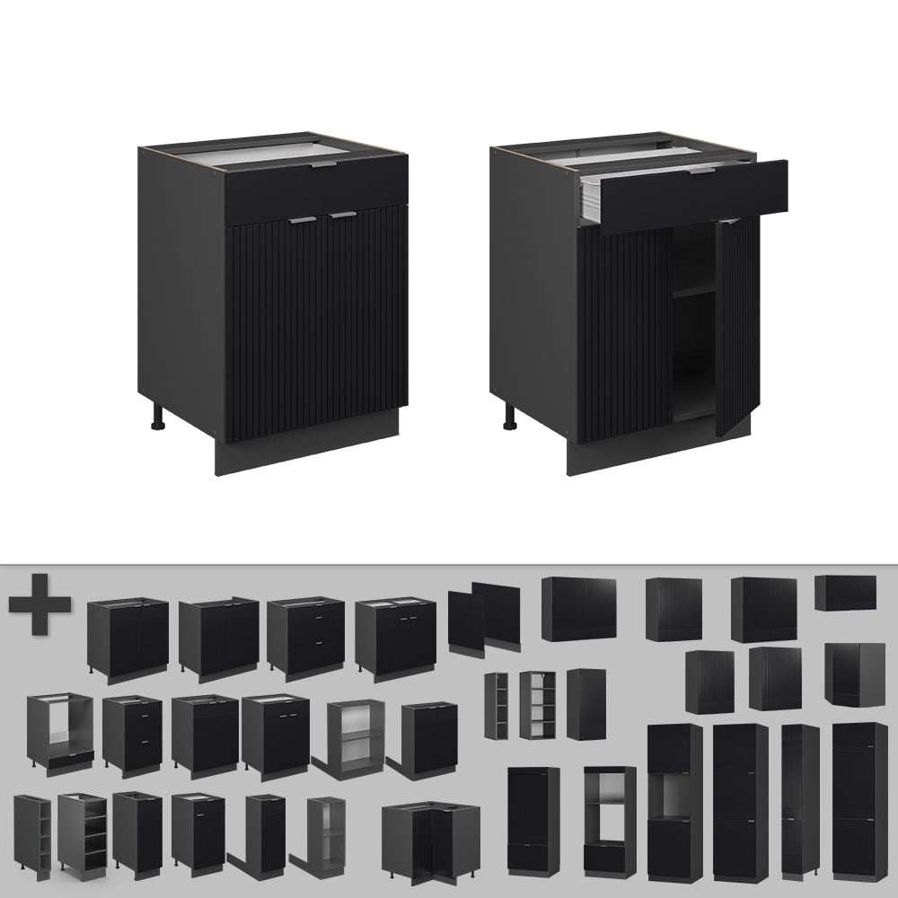 Vicco Mobiletto base per cucina Nero a righe 60 cm con cassetto, PL Rovere