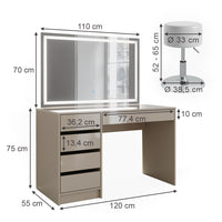 Vicco Tavolino da toilette Grigio 55 cm con specchio LED e sgabello