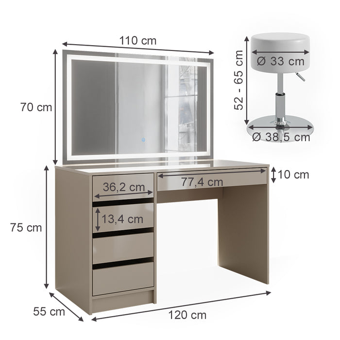 Vicco Tavolino da toilette Grigio 55 cm con specchio LED e sgabello