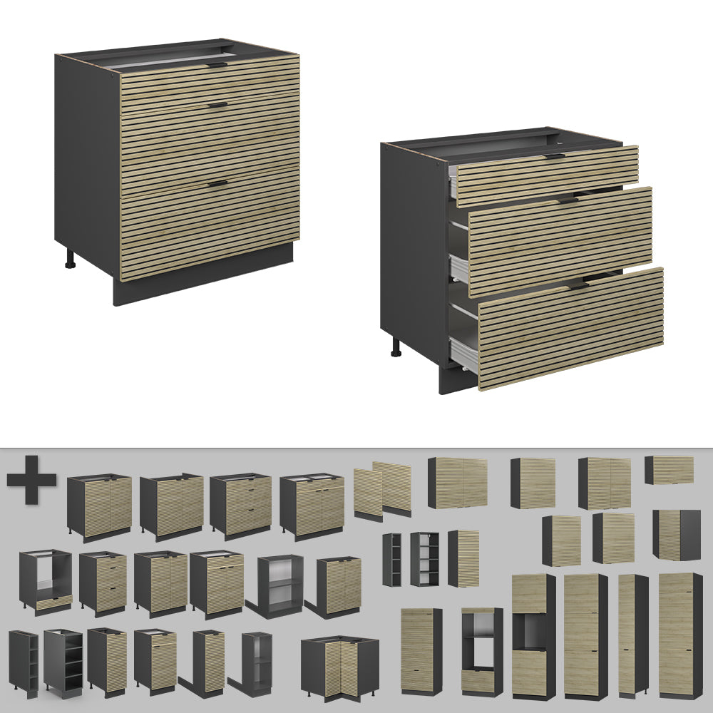 Vicco Mobiletto base per cucina Pannello in quercia 80 cm con 3 cassetti, PL Antracite