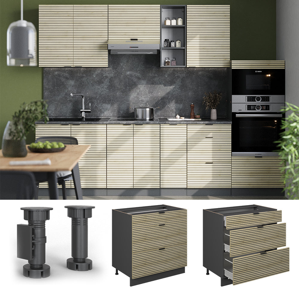 Vicco Mobiletto base per cucina Pannello in quercia 80 cm con 3 cassetti, PL Marmo