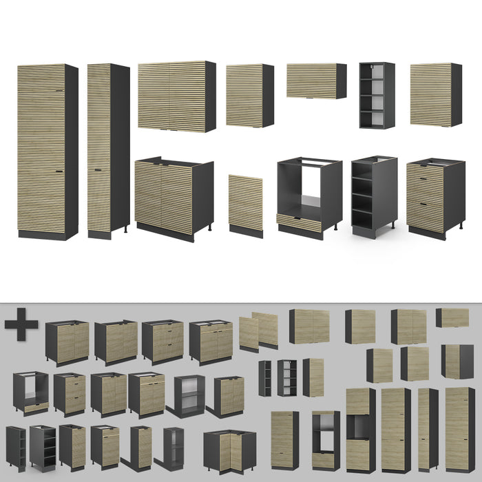 Vicco Cucina componibile Pannello in rovere/antracite 355 cm senza piano di lavoro