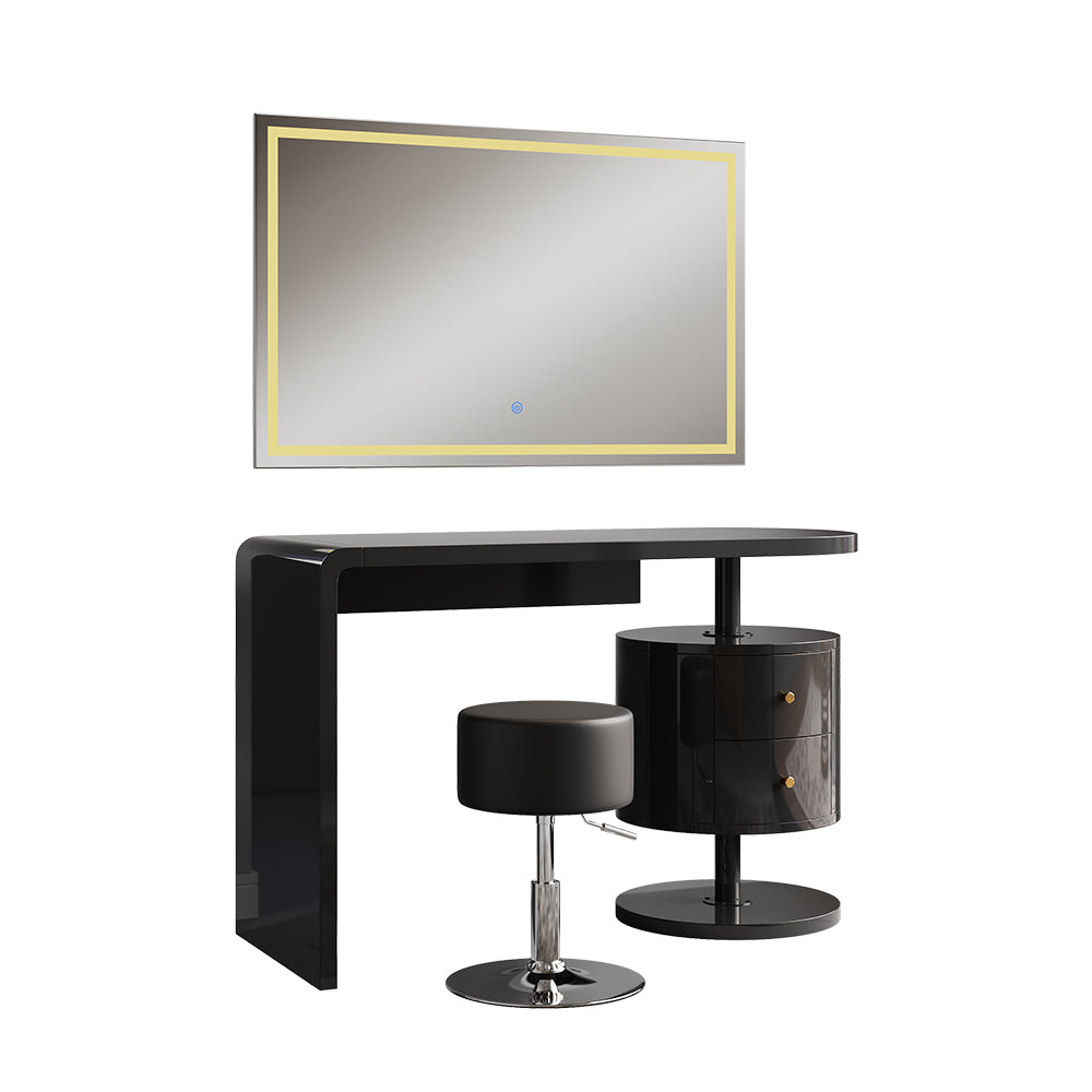 Vicco Tavolo da toeletta Nero lucido 120 cm con specchio LED e sgabello