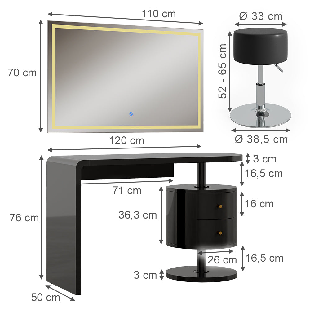 Vicco Tavolo da toeletta Nero lucido 120 cm con specchio LED e sgabello