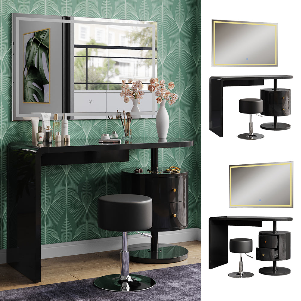 Vicco Tavolo da toeletta Nero lucido 120 cm con specchio LED e sgabello