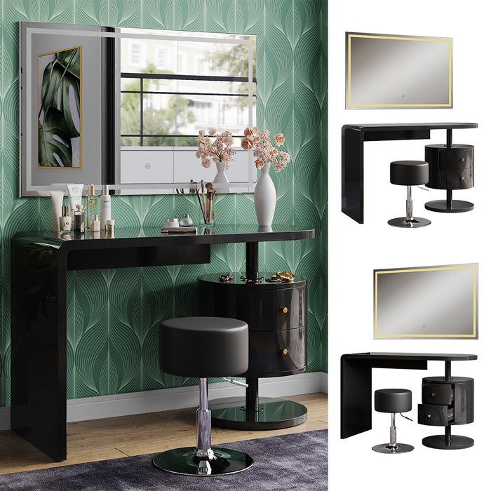 Vicco Tavolo da toeletta Nero lucido 120 cm con specchio LED e sgabello