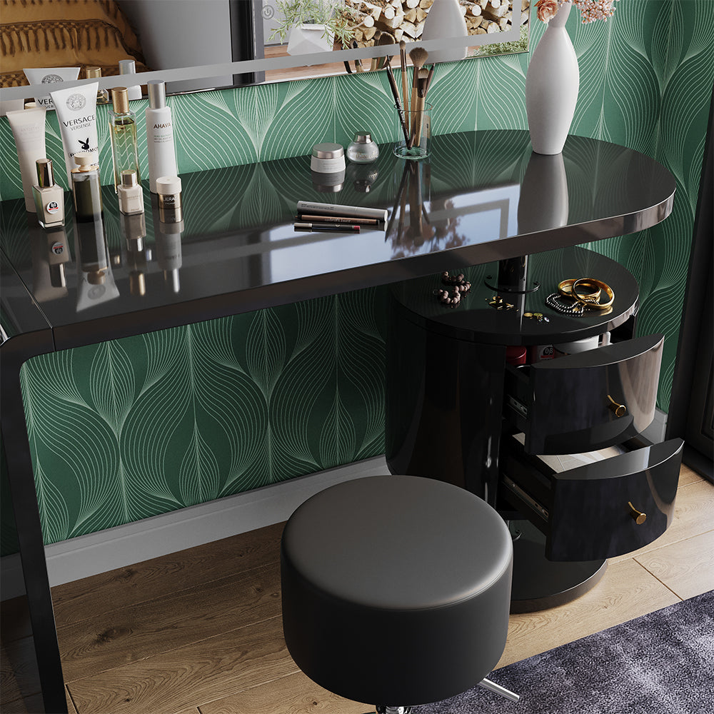 Vicco Tavolo da toeletta Nero lucido 120 cm con specchio LED e sgabello