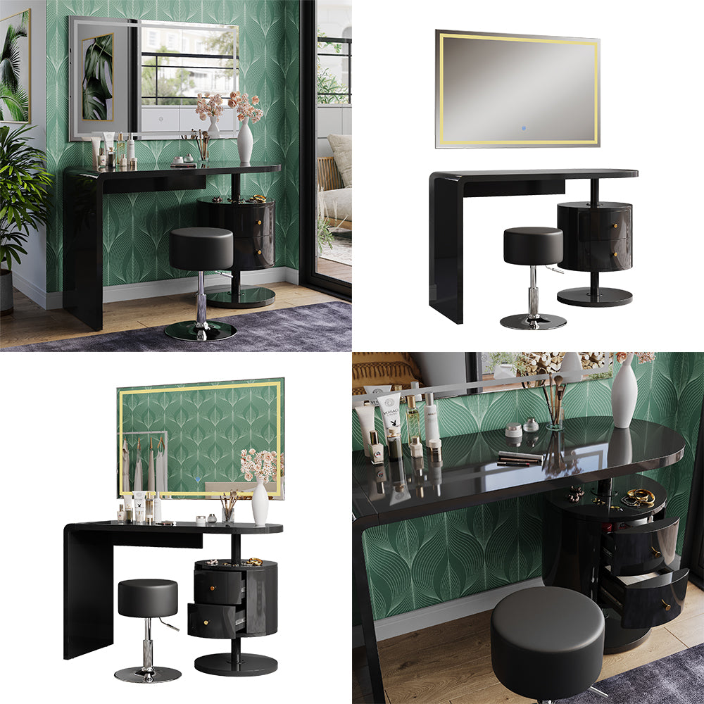 Vicco Tavolo da toeletta Nero lucido 120 cm con specchio LED e sgabello