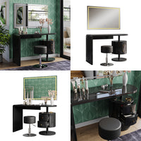Vicco Tavolo da toeletta Nero lucido 120 cm con specchio LED e sgabello