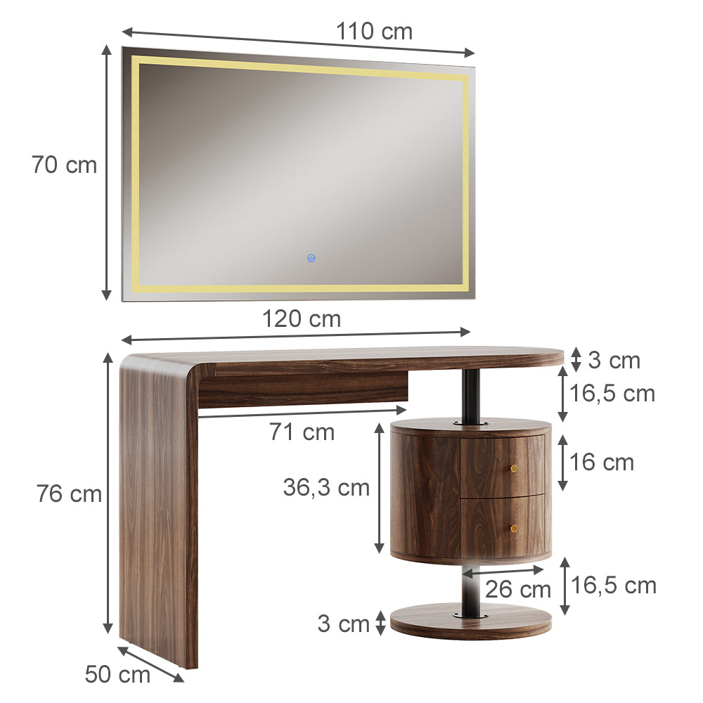 Vicco Tavolo da toilette Rovere rustico 120 cm con specchio a LED