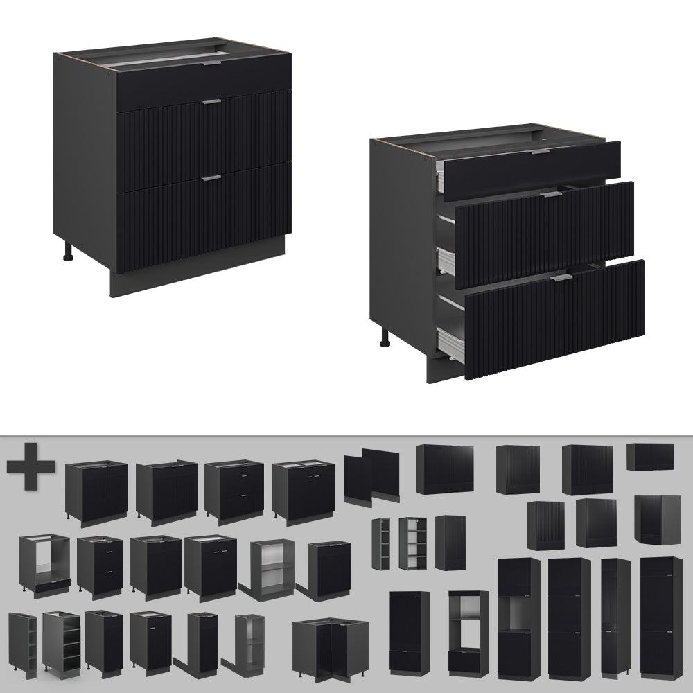 Vicco Mobiletto base per cucina Nero a righe 80 cm con 3 cassetti, PL Marmo