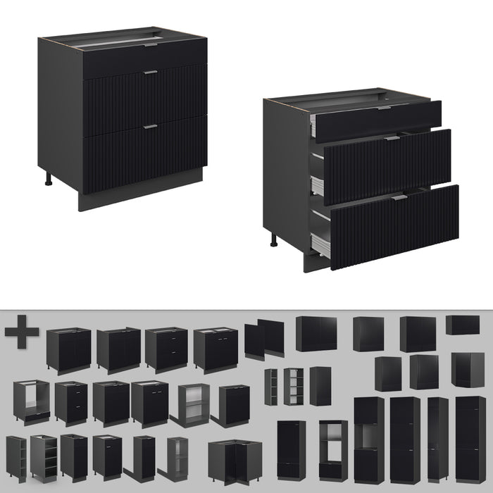 Vicco Mobiletto base per cucina Nero a righe 80 cm con 3 cassetti, PL Antracite