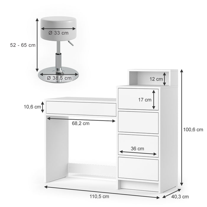 Vicco FORNITURA: Tavolino da toilette Bianco 110.5 cm con sgabello
