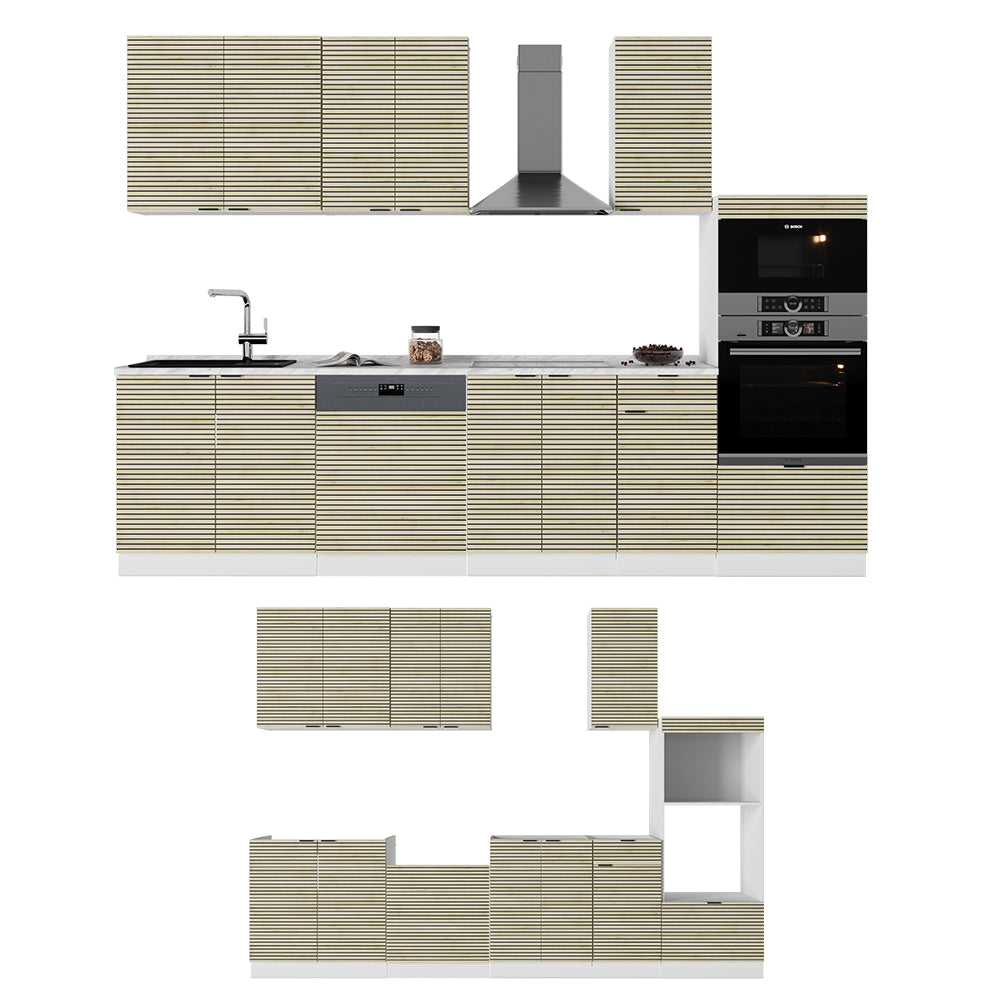 Vicco Cucina componibile Pannello di quercia/bianco 300 cm con armadio alto, senza piano di lavoro