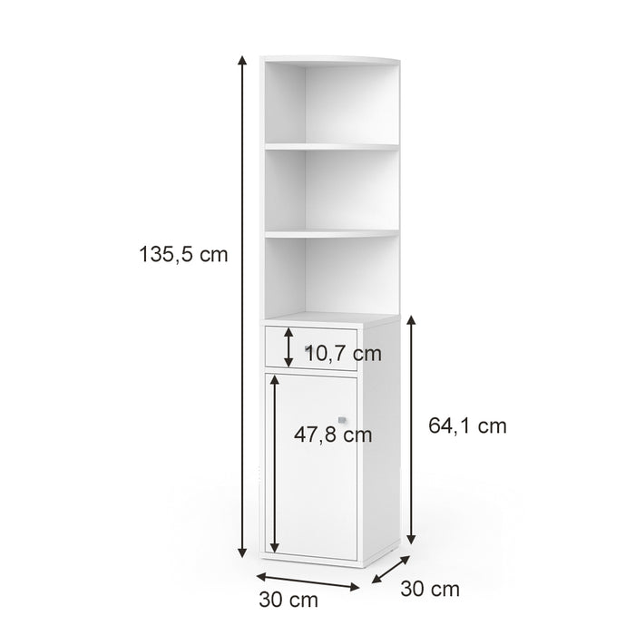 Vicco Scaffale d'angolo Bianco 30 x 135.5 cm con anta e cassetto