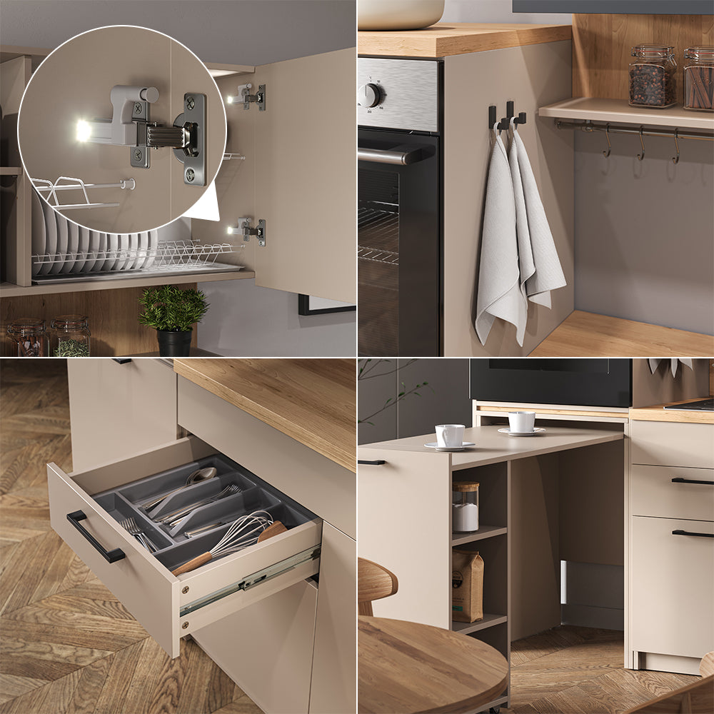 Vicco Cucina monoblocco Grigio 160 cm con tavolo allungabile con striscia LED