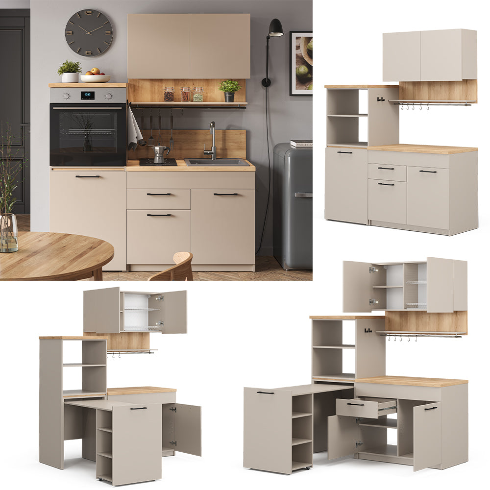 Vicco Cucina monoblocco Grigio 160 cm con tavolo allungabile con striscia LED