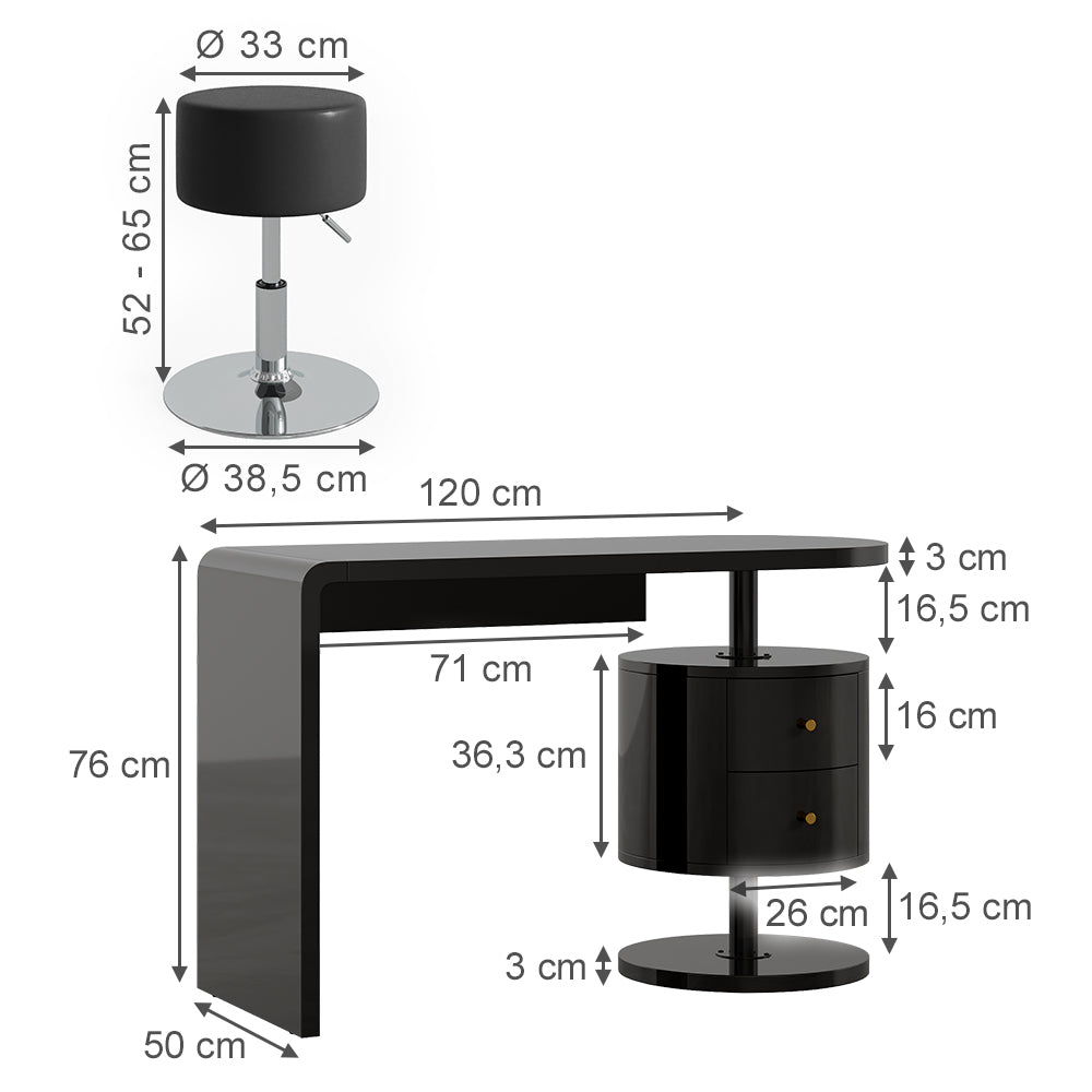 Vicco Tavolo da toeletta Nero lucido 120 cm con sgabello