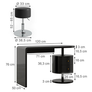 Vicco Tavolo da toeletta Nero lucido 120 cm con sgabello