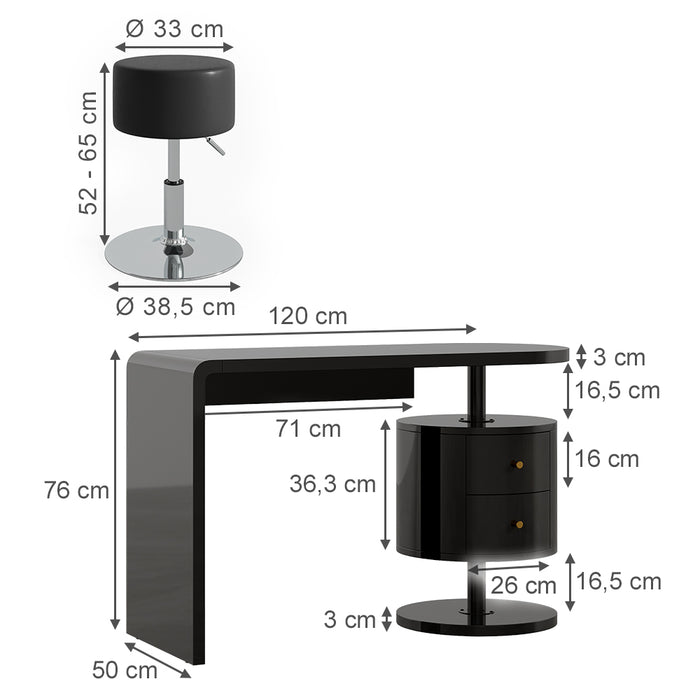 Vicco Tavolo da toeletta Nero lucido 120 cm con sgabello