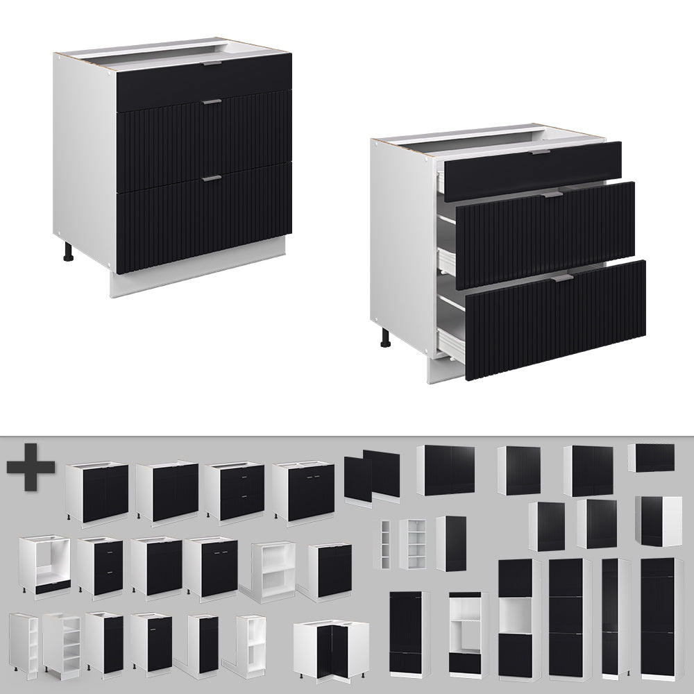 Vicco Mobiletto base per cucina Nero a righe 80 cm con 3 cassetti, senza piano di lavoro