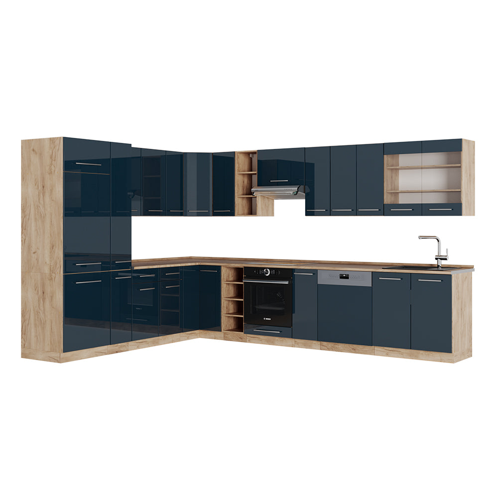 Vicco Cucina ad angolo Blu scuro lucido/rovere dorato 347 x 58.1 cm senza piano di lavoro