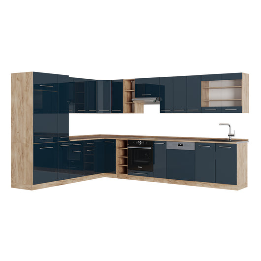 Vicco Cucina ad angolo Blu scuro lucido/rovere dorato 347 x 58.1 cm senza piano di lavoro