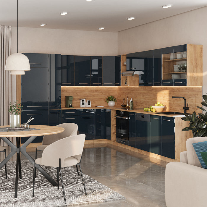 Vicco Cucina angolare completa Blu scuro lucido/rovere dorato 257 x 60 cm , PL Antracite