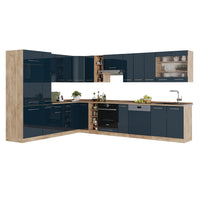 Vicco Cucina angolare completa Blu scuro lucido/rovere dorato 257 x 60 cm , PL Marmo