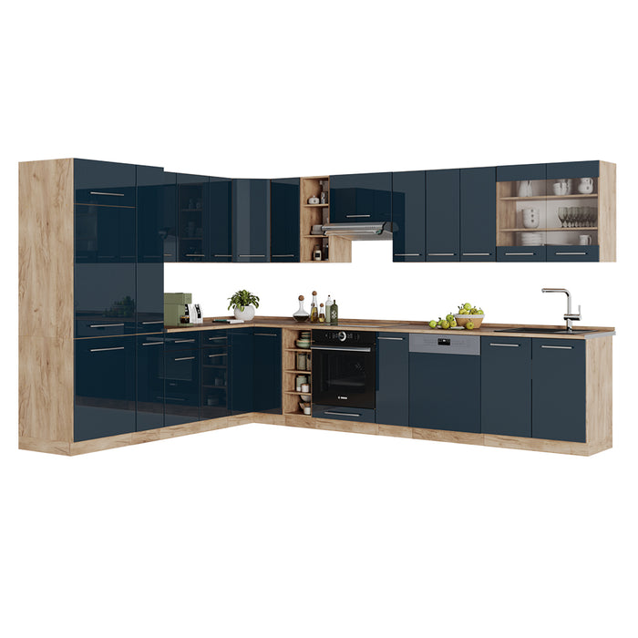Vicco Cucina angolare completa Blu scuro lucido/rovere dorato 257 x 60 cm , PL Marmo