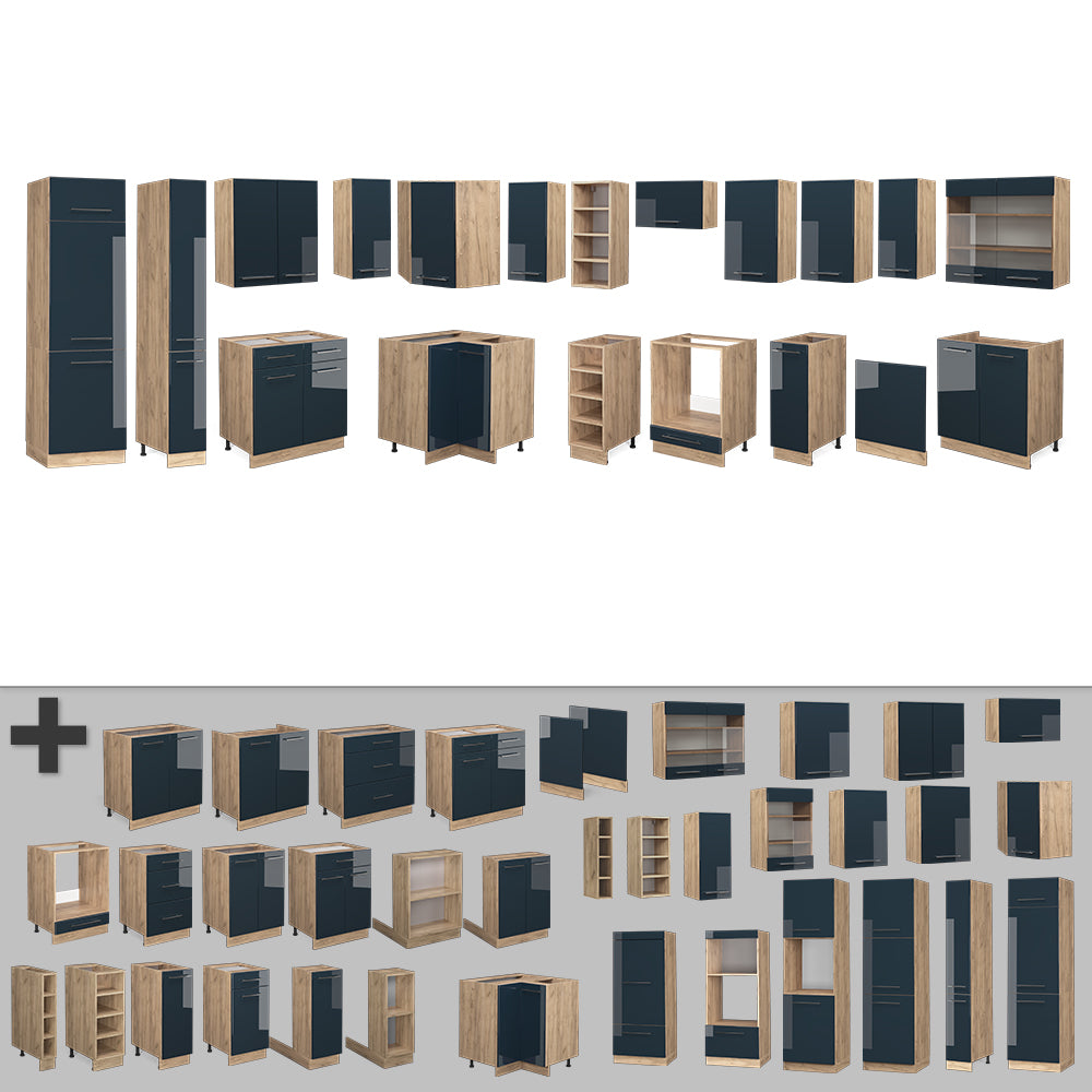 Vicco Cucina angolare completa Blu scuro lucido/rovere dorato 257 x 60 cm , PL Rovere