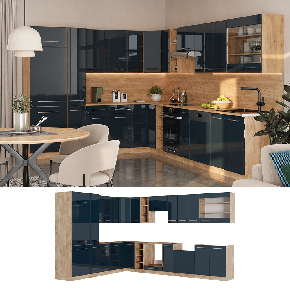 Vicco Cucina ad angolo Blu scuro lucido/rovere dorato 347 x 58.1 cm senza piano di lavoro