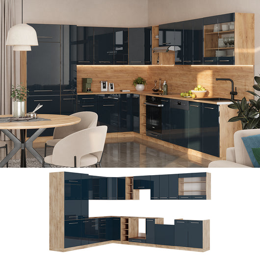 Vicco Cucina angolare completa Blu scuro lucido/rovere dorato 257 x 60 cm , PL Antracite
