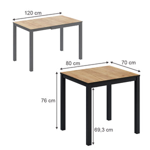 Vicco Tavolo da pranzo Rovere/antracite 120 x 70 cm Estensibile