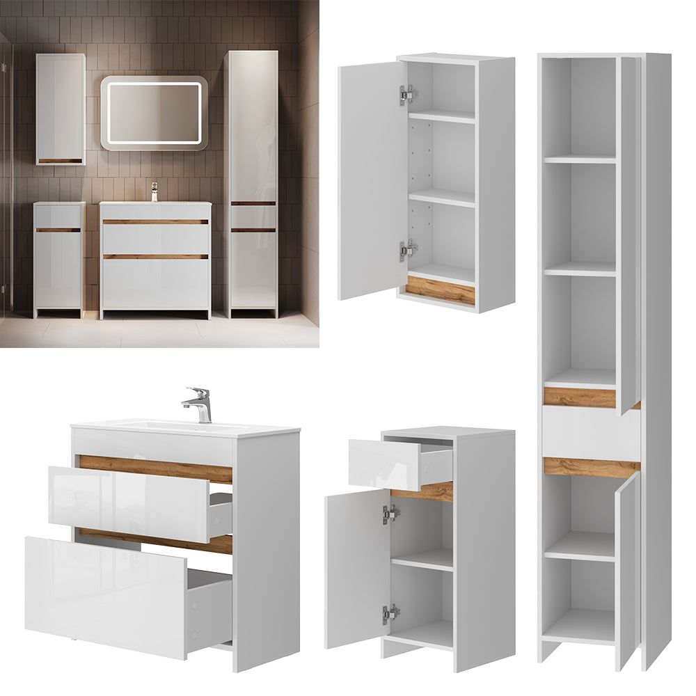 Vicco Set di mobili da bagno Bianco lucido/oro power oak Set di 5