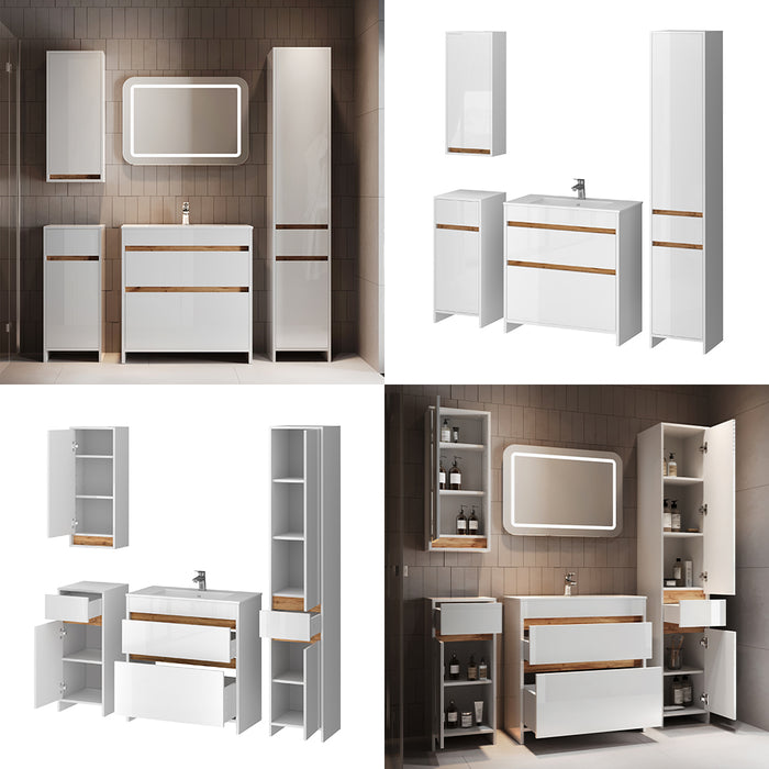 Vicco Set di mobili da bagno Bianco lucido/oro power oak Set di 5