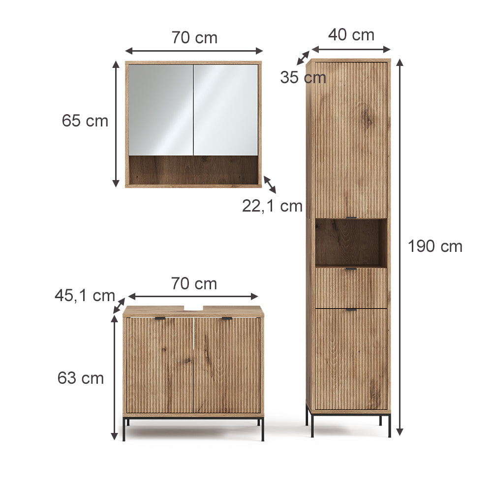 Vicco Set di mobili da bagno Quercia vichinga 3 parti, con colonna