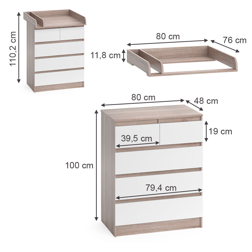 Vicco Fasciatoio Sonoma/Bianco 80 x 110.2 cm con 5 cassetti