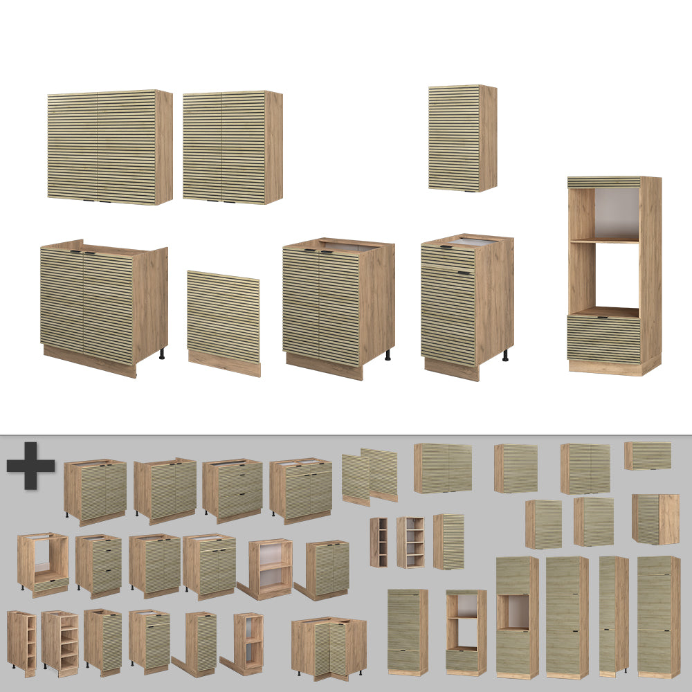 Vicco Cucina componibile Pannello in rovere/rovere goldkraft 300 cm con armadio alto, PL Marmo