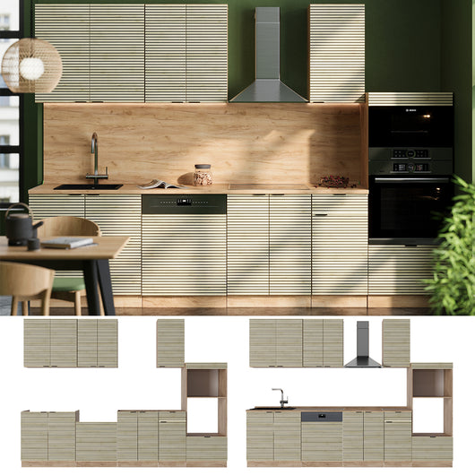 Vicco Cucina componibile Pannello in rovere/rovere goldkraft 300 cm con armadio alto, senza piano di lavoro