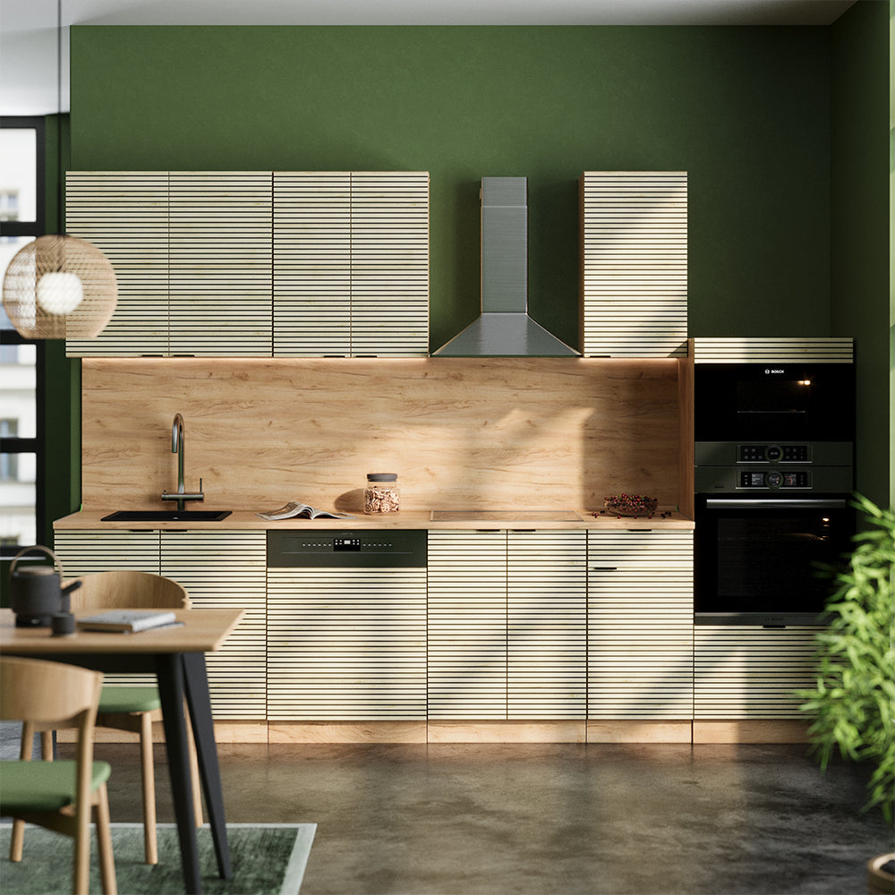 Vicco Cucina componibile Pannello in rovere/rovere goldkraft 300 cm con armadio alto, PL Marmo