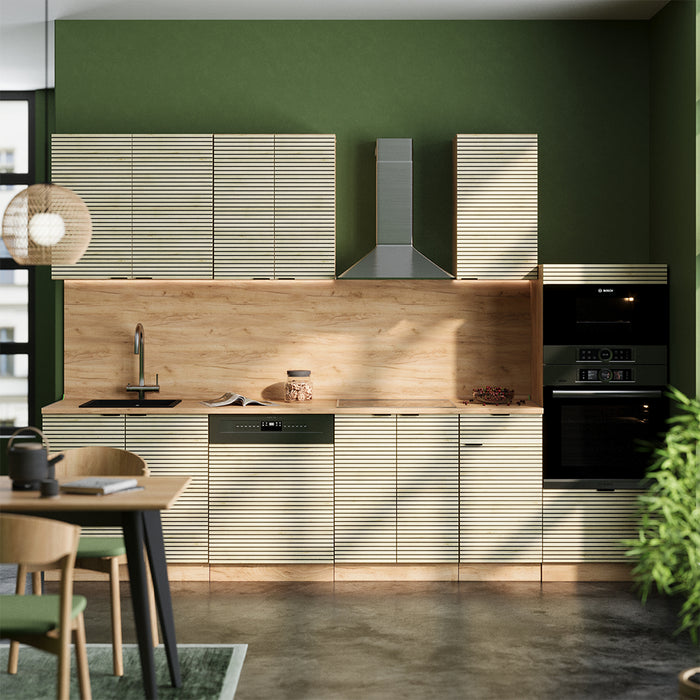 Vicco Cucina componibile Pannello in rovere/rovere goldkraft 300 cm con armadio alto, PL Marmo