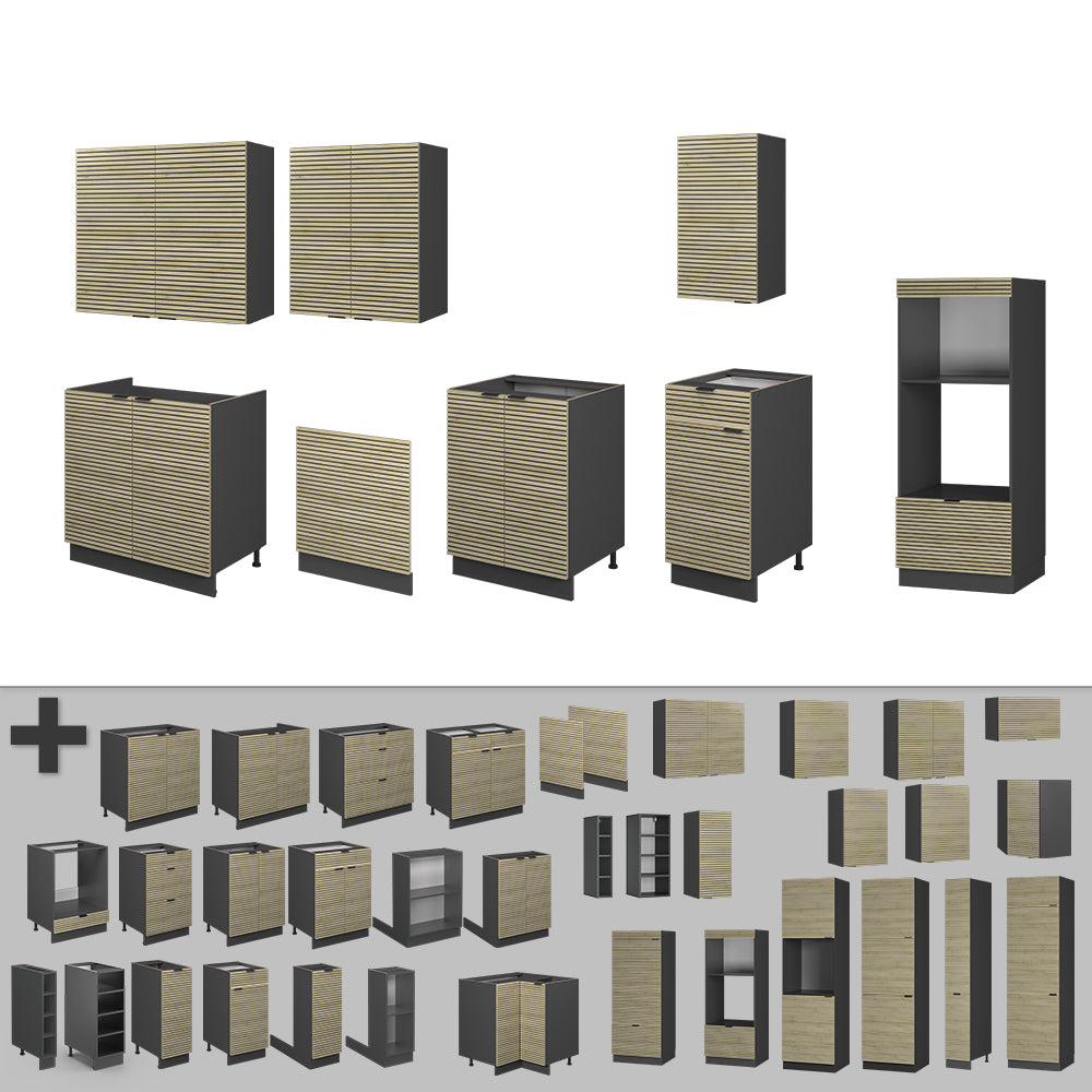 Vicco Cucina componibile Pannello in rovere/antracite 300 cm con armadio alto, PL Rovere