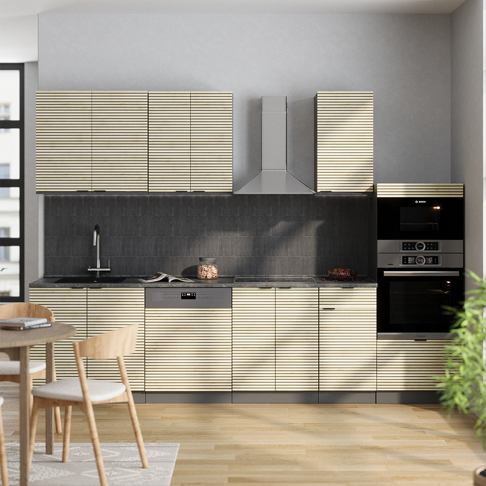 Vicco Cucina componibile Pannello in rovere/antracite 300 cm con armadio alto, PL Rovere