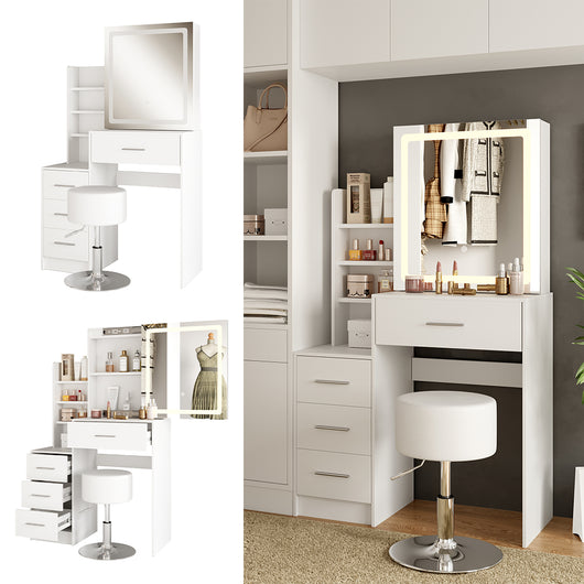 Vicco Tavolo da toilette Bianco 80 cm con specchio LED e sgabello