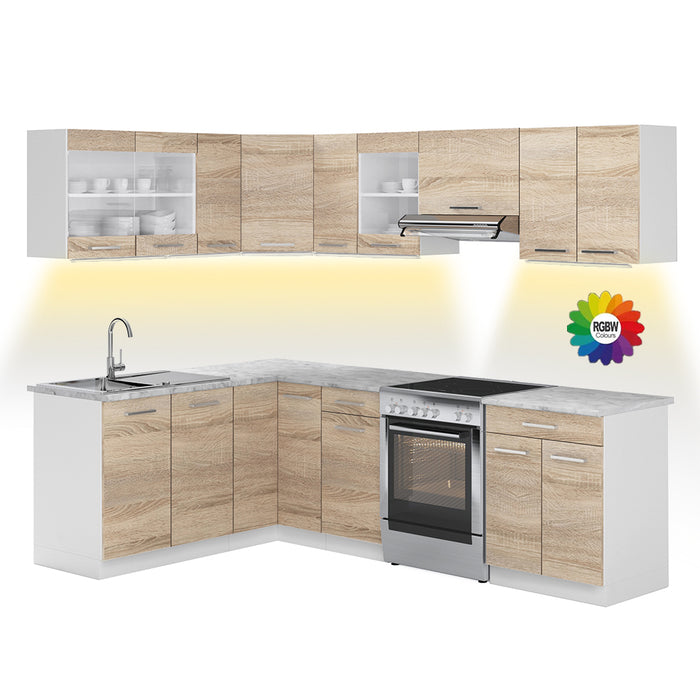 Vicco Cucina ad angolo Bianco/Sonoma 247 x 167 cm , PL Marmo con striscia LED