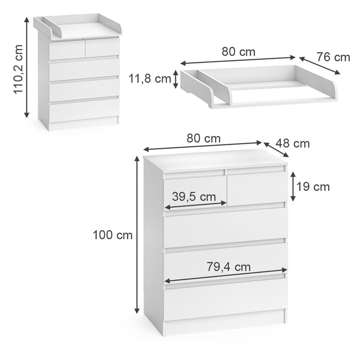 Vicco Fasciatoio Bianco 80 x 110.2 cm con 5 cassetti